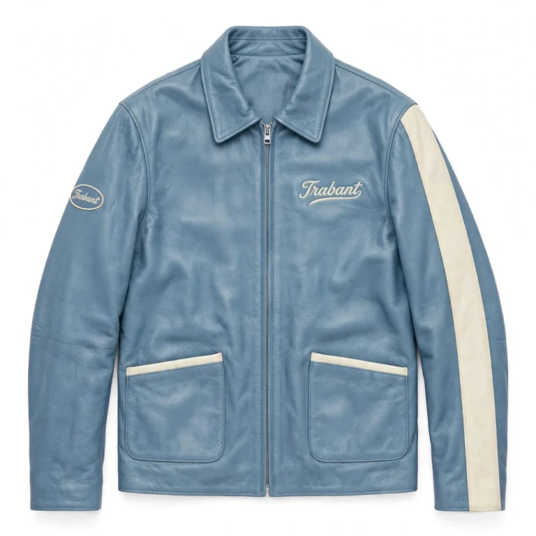 Trabant Leather Jacket front view, light blue with cream panels cruiser jacket