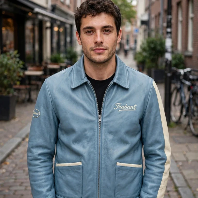 Model wearing the Trabant Leather Jacket, light blue with cream panels cruiser jacket
