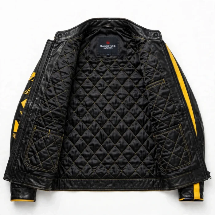 Tramontana Leather Jacket inner lining view, quilted black satin lining with yellow stitching