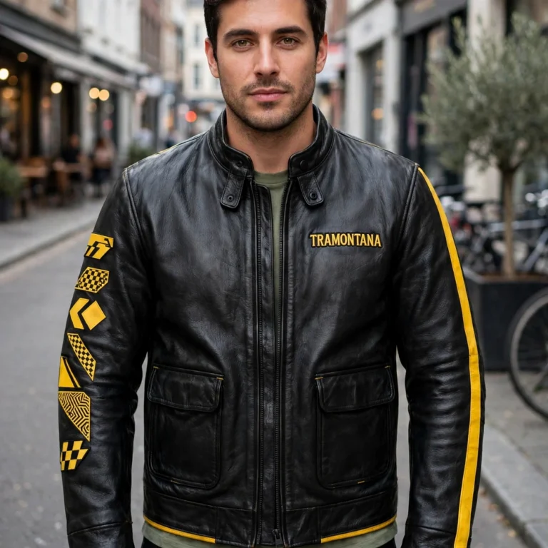 Model wearing the Tramontana Leather Jacket, black with yellow accents racer jacket