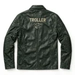Troller Leather Jacket back view, dark forest green leather jacket with large cream 'troller' text with a trail motif embroidered across the back