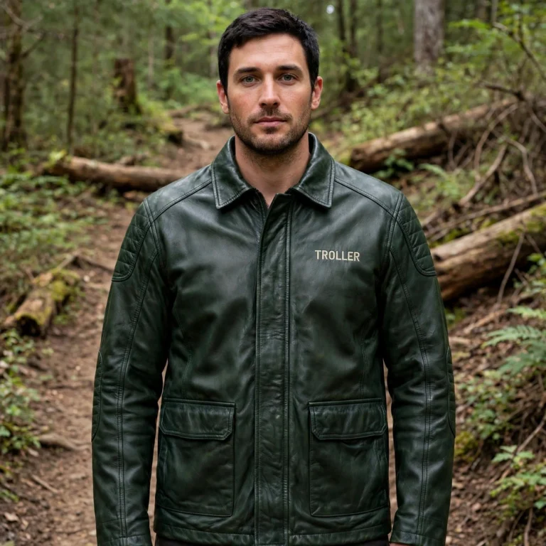 Person wearing the Troller Leather Jacket outdoors, front-facing, showing cream 'troller' wordmark embroidered on the left chest