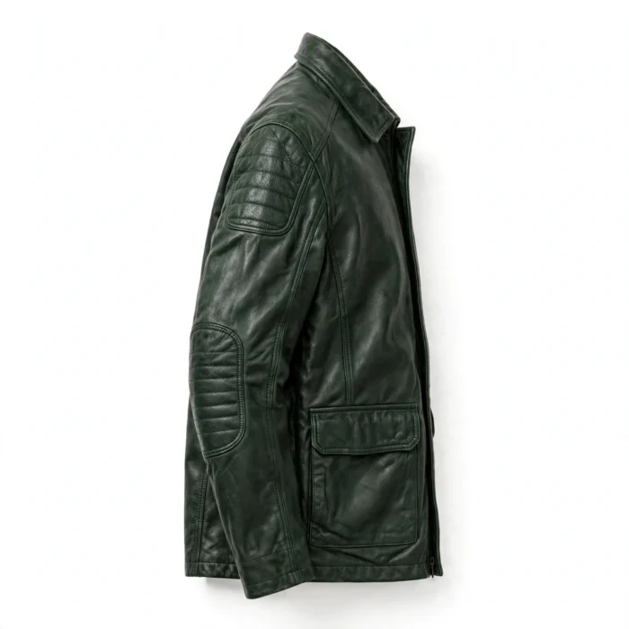 Troller Leather Jacket side view, dark forest green leather jacket