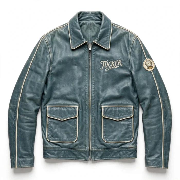 Tucker Leather Jacket front view, teal-grey with cream vintage script chest lettering vintage cruiser jacket