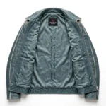 Tucker Leather Jacket inner lining view, teal-grey satin lining