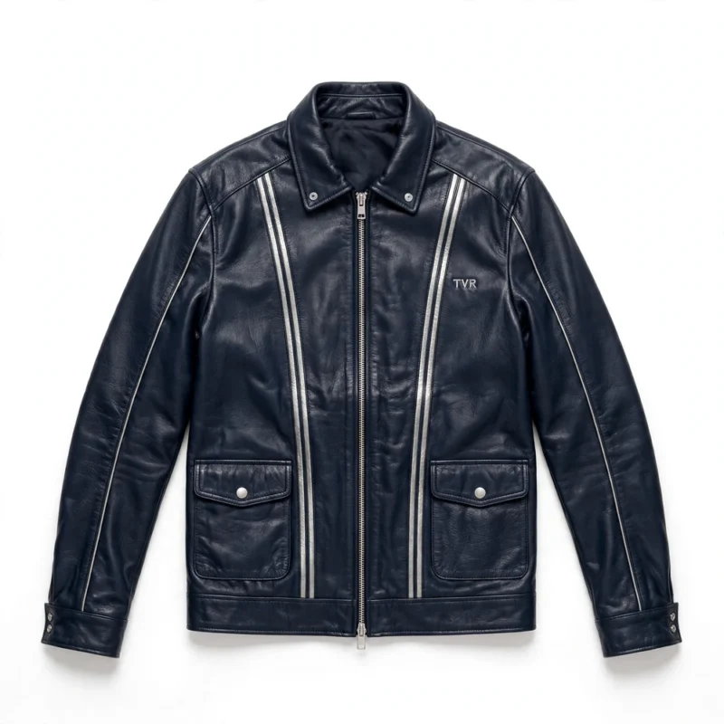 TVR Leather Jacket front view, midnight blue with silver stripes roadster jacket, TVR wordmark embroidered on the left chest