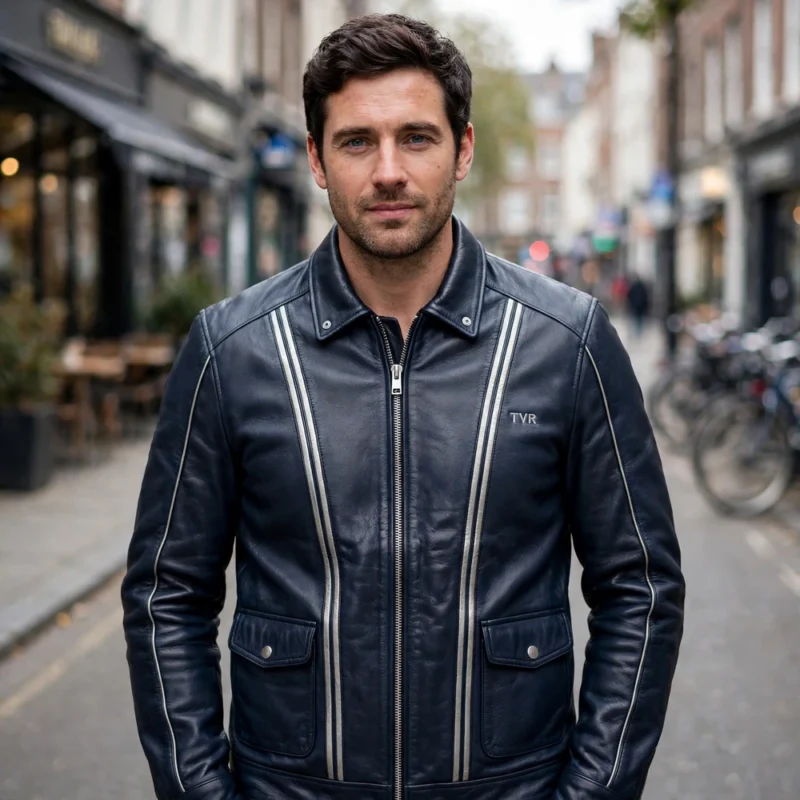 Man wearing the TVR Leather Jacket outdoors, front-facing, showing the roadster jacket and chest embroidery