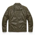UAZ Leather Jacket back view, olive drab leather jacket with large 'uaz' text with ring emblem embroidered across the back