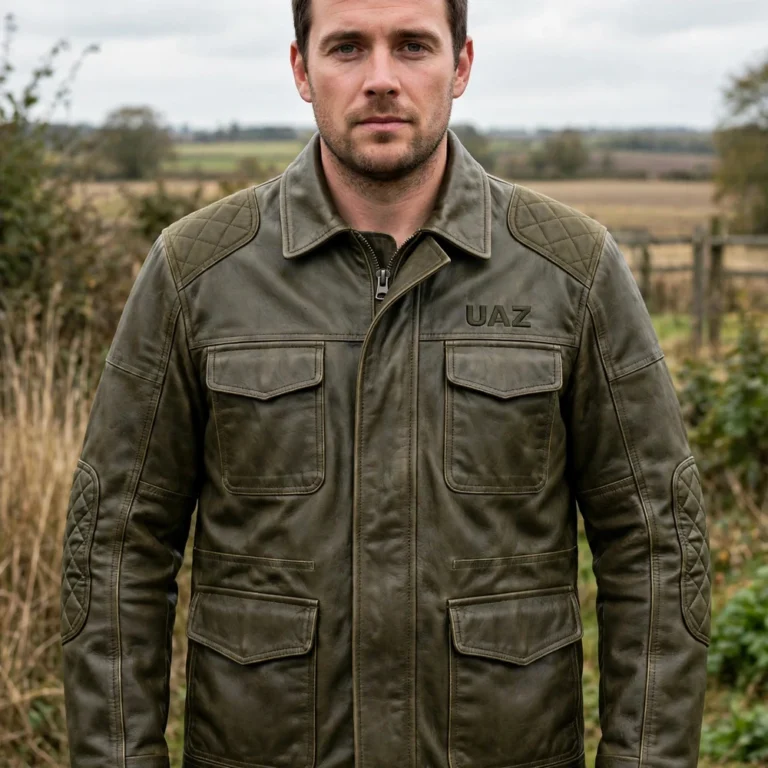 Person wearing the UAZ Leather Jacket outdoors, front-facing, showing dark 'uaz' wordmark embroidered on the left chest