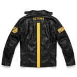 Ultima Leather Jacket back view, black with a yellow stripe leather, ULTIMA lettering in yellow across the upper back