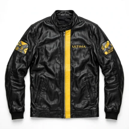Ultima Leather Jacket front view, black with a yellow stripe racing jacket, ULTIMA wordmark embroidered on the left chest