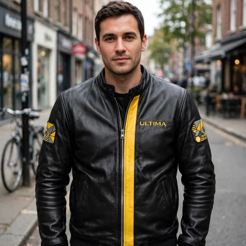 Man wearing the Ultima Leather Jacket outdoors, front-facing, showing the racing jacket and chest embroidery