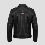USA Black Men's Biker Leather Jacket back view - small USA embroidery on shoulder, quilted panels | Blackstone Jackets