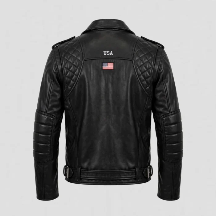 USA Black Men's Biker Leather Jacket back view - small USA embroidery on shoulder, quilted panels | Blackstone Jackets