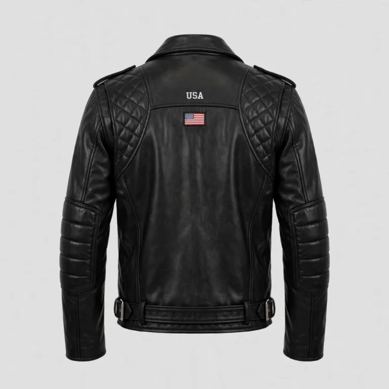 USA Black Men's Biker Leather Jacket back view - small USA embroidery on shoulder, quilted panels | Blackstone Jackets