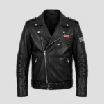 USA Black Men's Biker Leather Jacket front view - black moto jacket with asymmetric zip and USA flag on chest | Blackstone Jackets