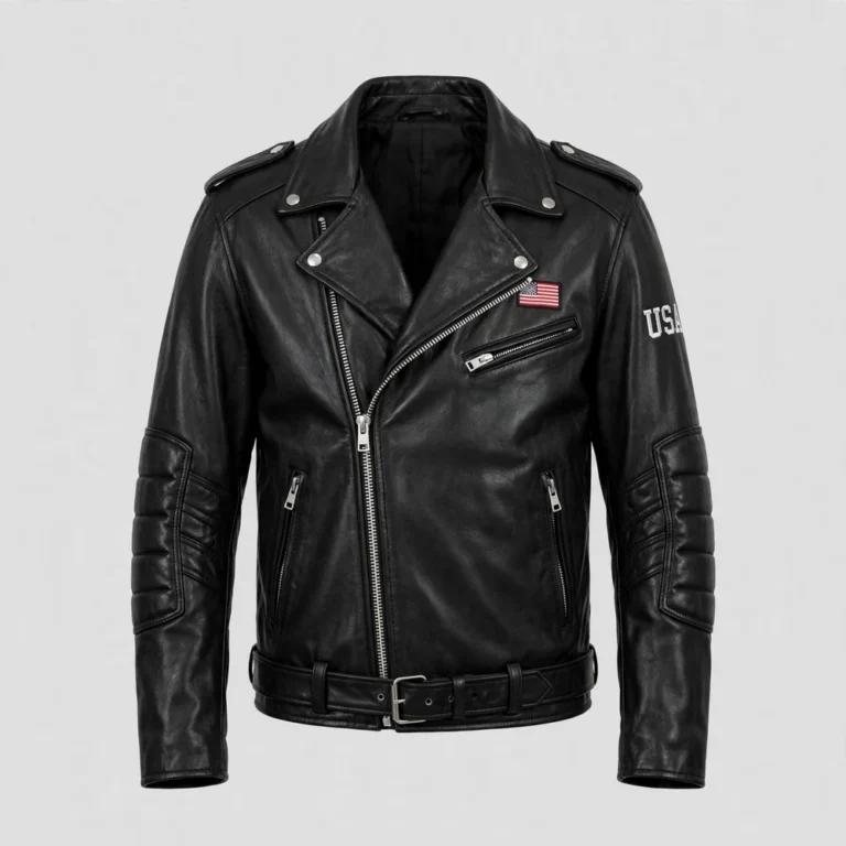 USA Black Men's Biker Leather Jacket front view - black moto jacket with asymmetric zip and USA flag on chest | Blackstone Jackets