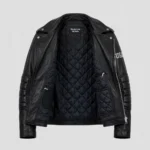 USA Black Men's Biker Leather Jacket inner view - dark quilted lining with Blackstone Jackets neck label