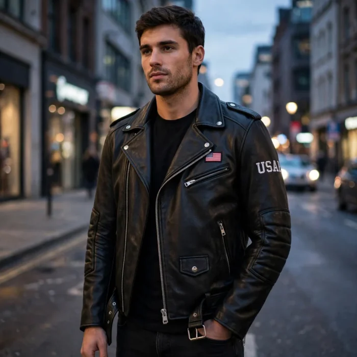 Model wearing USA Black Men's Biker Leather Jacket - black USA moto jacket styled on city street | Blackstone Jackets