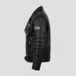 USA Black Men's Biker Leather Jacket side view - USA lettering on sleeve, belted waist | Blackstone Jackets