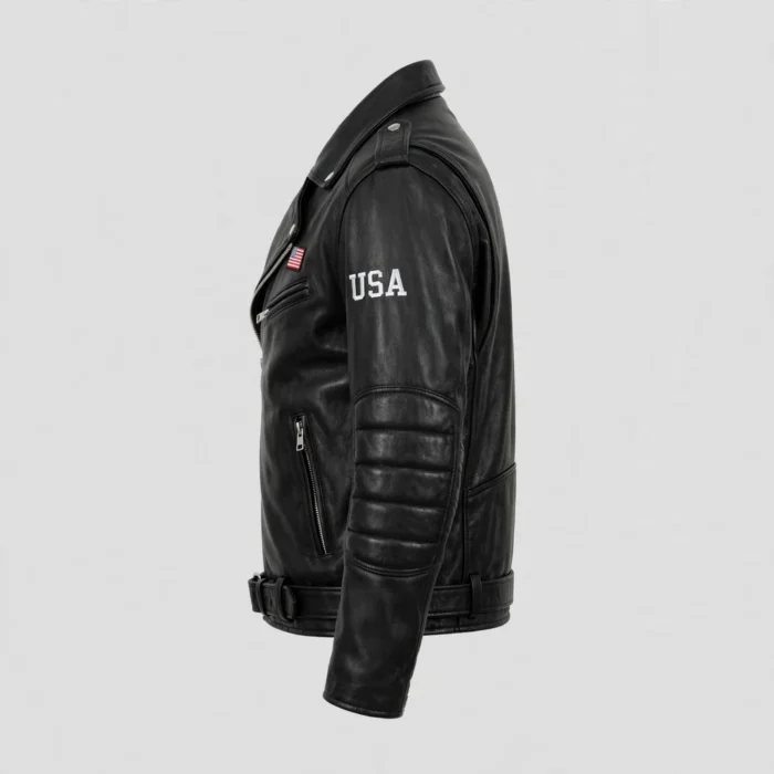 USA Black Men's Biker Leather Jacket side view - USA lettering on sleeve, belted waist | Blackstone Jackets