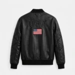 USA Black Men's Embroidered Leather Jacket back view - USA embroidery and USA flag on back | Blackstone Jackets
