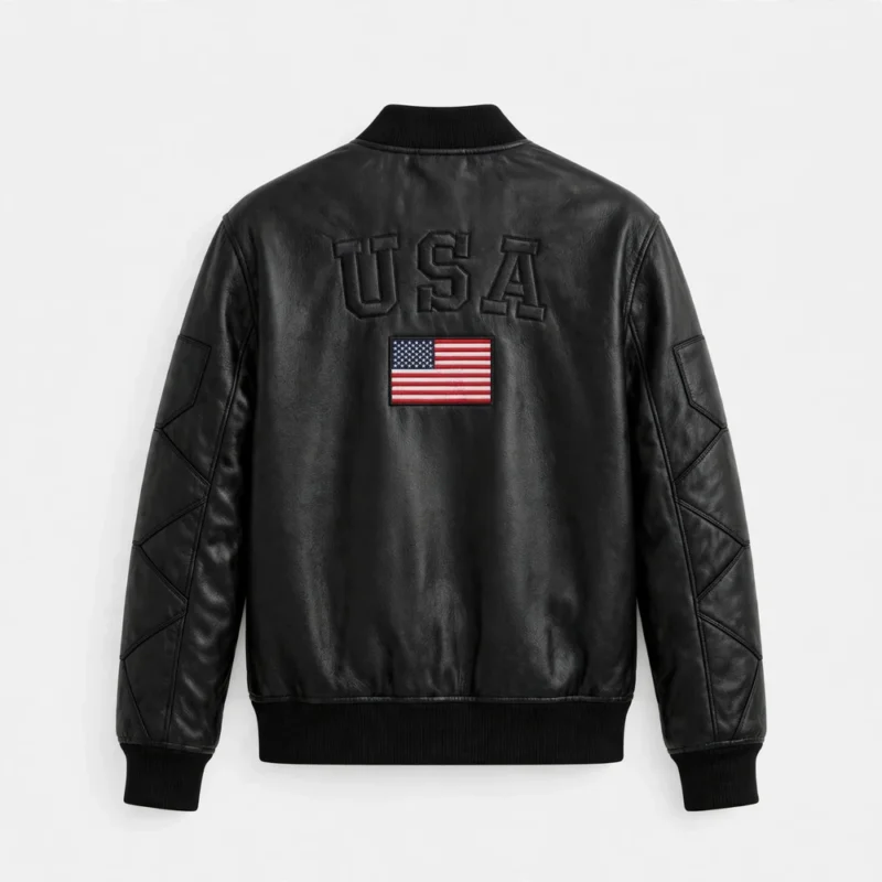 USA Black Men's Embroidered Leather Jacket back view - USA embroidery and USA flag on back | Blackstone Jackets