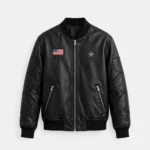 USA Black Men's Embroidered Leather Jacket front view - black leather jacket with USA flag embroidery on chest | Blackstone Jackets