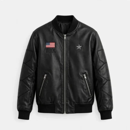 USA Black Men's Embroidered Leather Jacket front view - black leather jacket with USA flag embroidery on chest | Blackstone Jackets