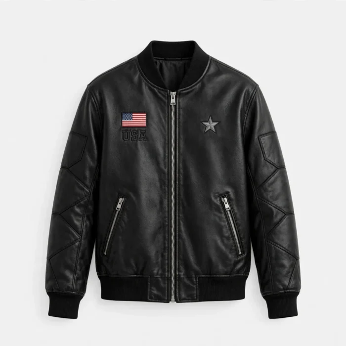 USA Black Men's Embroidered Leather Jacket front view - black leather jacket with USA flag embroidery on chest | Blackstone Jackets