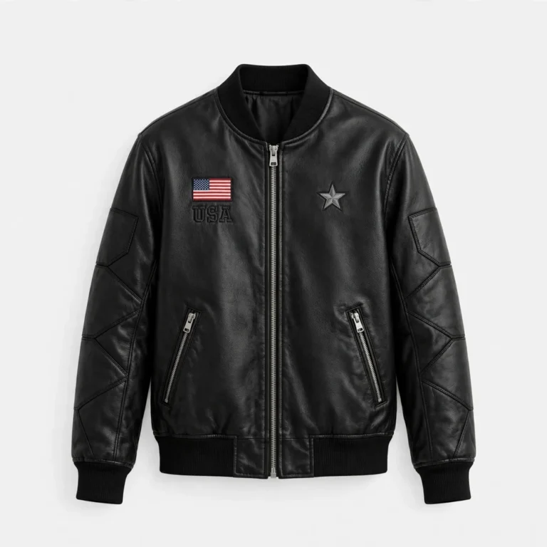 USA Black Men's Embroidered Leather Jacket front view - black leather jacket with USA flag embroidery on chest | Blackstone Jackets