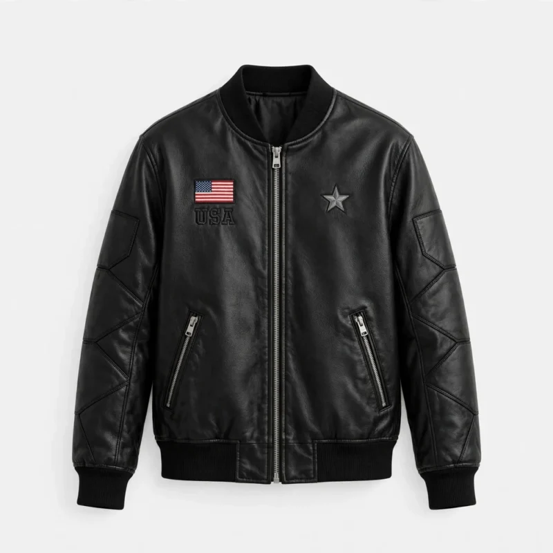 USA Black Men's Embroidered Leather Jacket front view - black leather jacket with USA flag embroidery on chest | Blackstone Jackets
