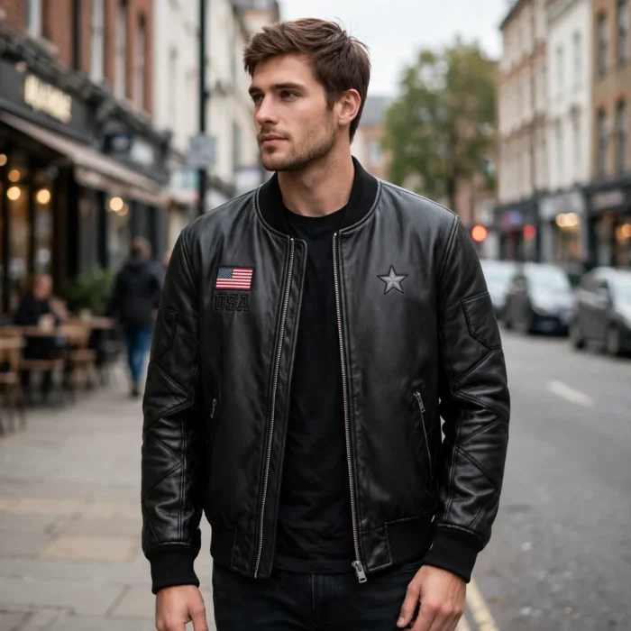 Model wearing USA Black Men's Embroidered Leather Jacket - black USA leather jacket styled outdoors | Blackstone Jackets