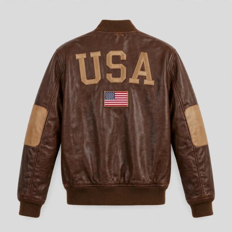 USA Brown Men's Flight Leather Jacket back view - large USA embroidery and USA flag on back | Blackstone Jackets