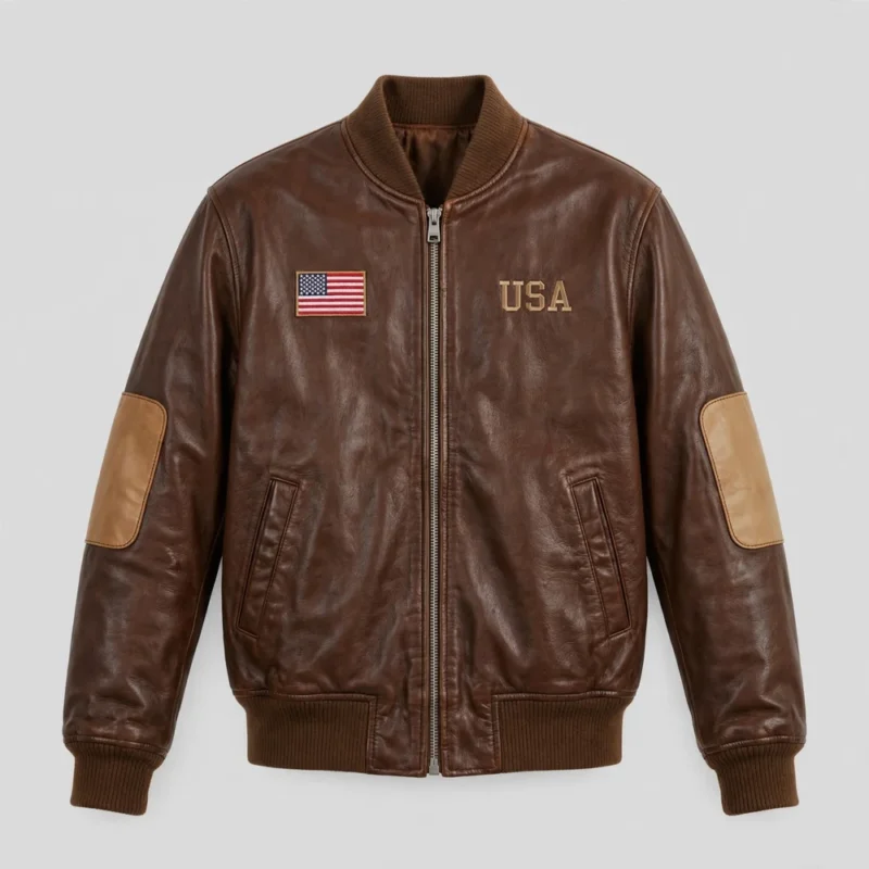 USA Brown Men's Flight Leather Jacket front view - brown leather jacket with USA flag embroidery on chest | Blackstone Jackets