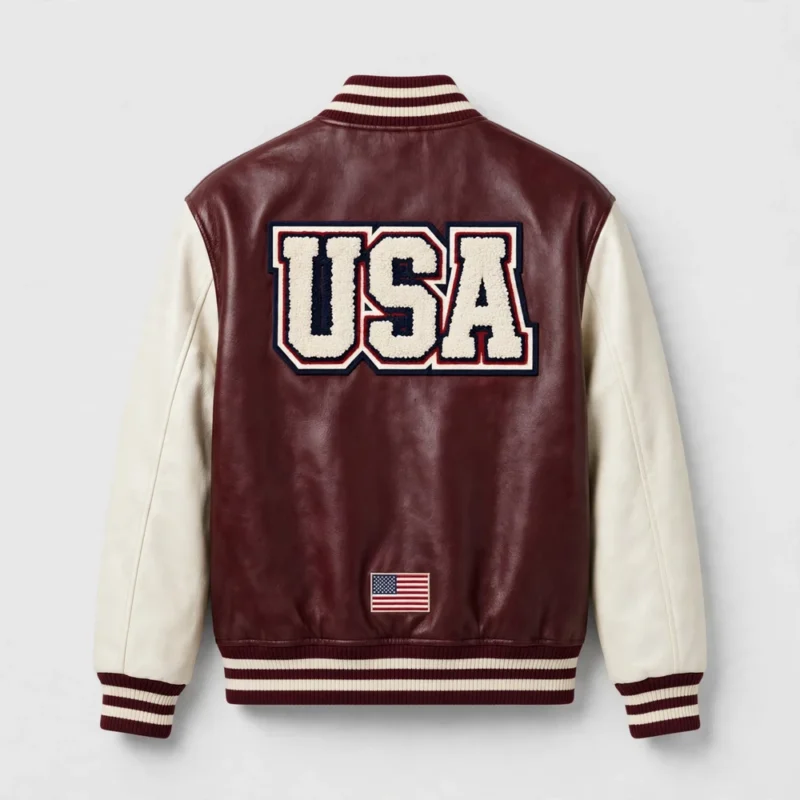 USA Maroon Men's Varsity Leather Jacket back view - large chenille USA on back, cream sleeves | Blackstone Jackets