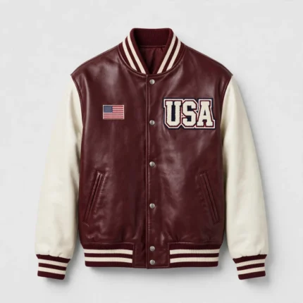 USA Maroon Men's Varsity Leather Jacket front view - maroon leather with cream sleeves and chenille USA patch | Blackstone Jackets