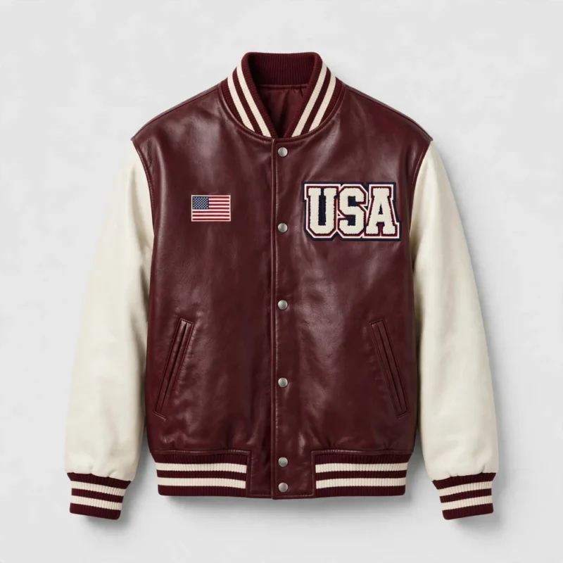 USA Maroon Men's Varsity Leather Jacket front view - maroon leather with cream sleeves and chenille USA patch | Blackstone Jackets