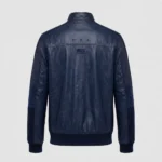 USA Navy Blue Men's Harrington Leather Jacket back view - subtle USA lettering on back | Blackstone Jackets