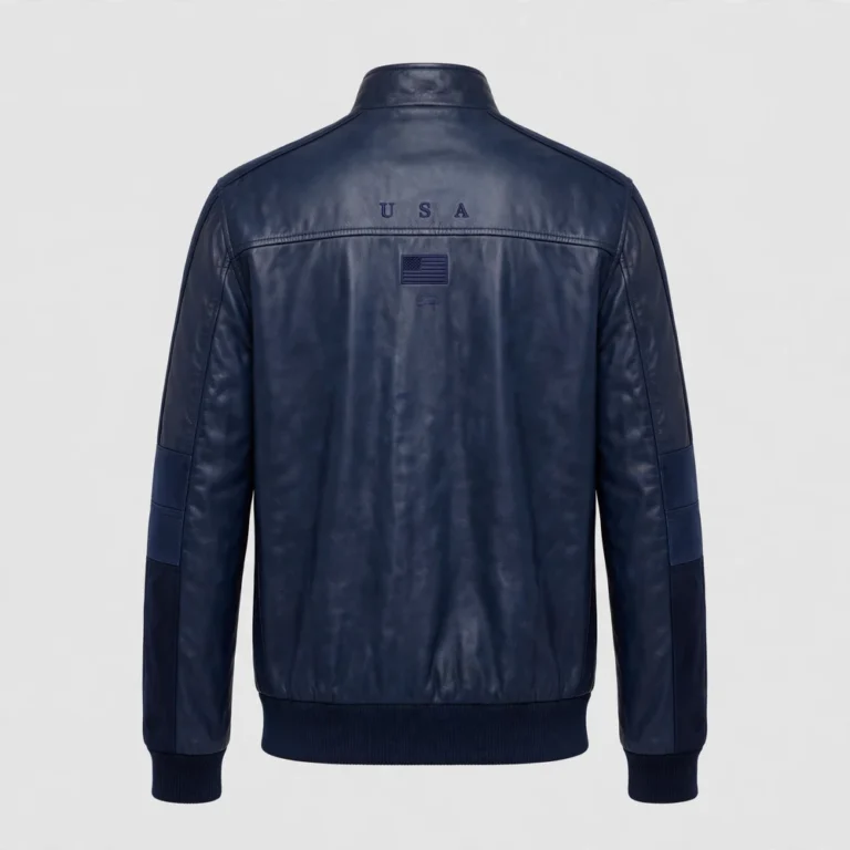 USA Navy Blue Men's Harrington Leather Jacket back view - subtle USA lettering on back | Blackstone Jackets
