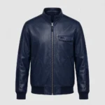 USA Navy Blue Men's Harrington Leather Jacket front view - navy casual jacket with subtle USA flag on chest | Blackstone Jackets