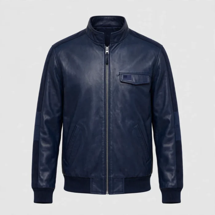 USA Navy Blue Men's Harrington Leather Jacket front view - navy casual jacket with subtle USA flag on chest | Blackstone Jackets