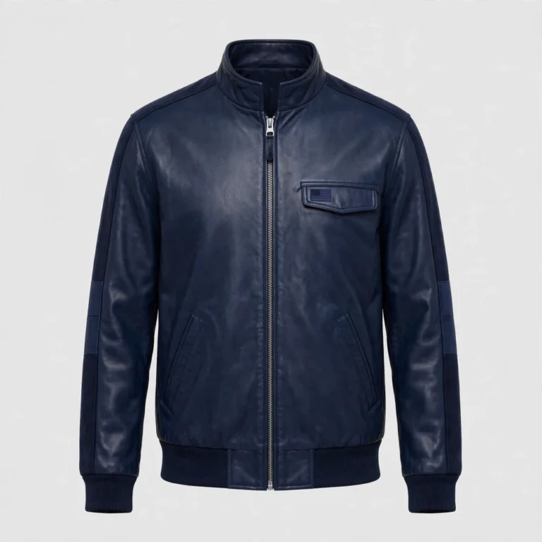 USA Navy Blue Men's Harrington Leather Jacket front view - navy casual jacket with subtle USA flag on chest | Blackstone Jackets