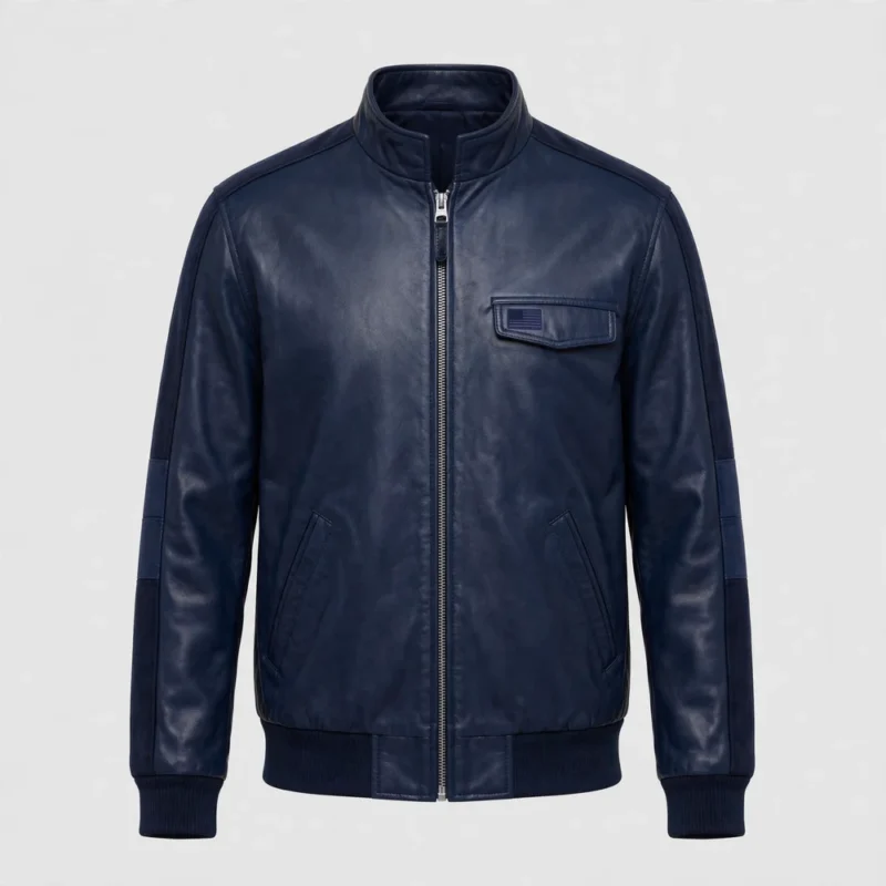 USA Navy Blue Men's Harrington Leather Jacket front view - navy casual jacket with subtle USA flag on chest | Blackstone Jackets