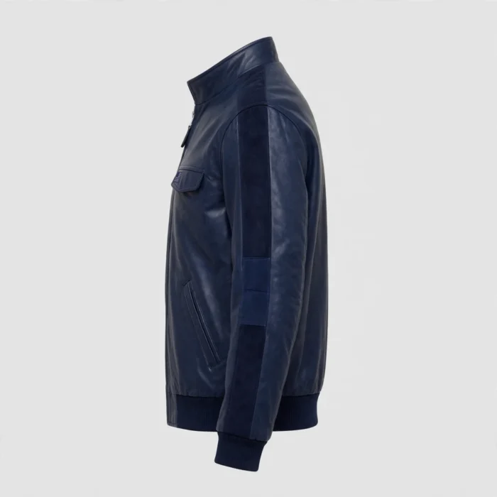 USA Navy Blue Men's Harrington Leather Jacket side view - stand collar, slanted pocket, Harrington fit | Blackstone Jackets