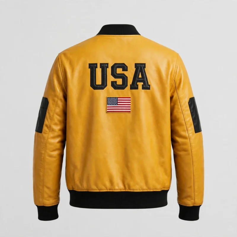 USA Yellow Men's Bomber Leather Jacket back view - large USA with stars and USA flag on back | Blackstone Jackets