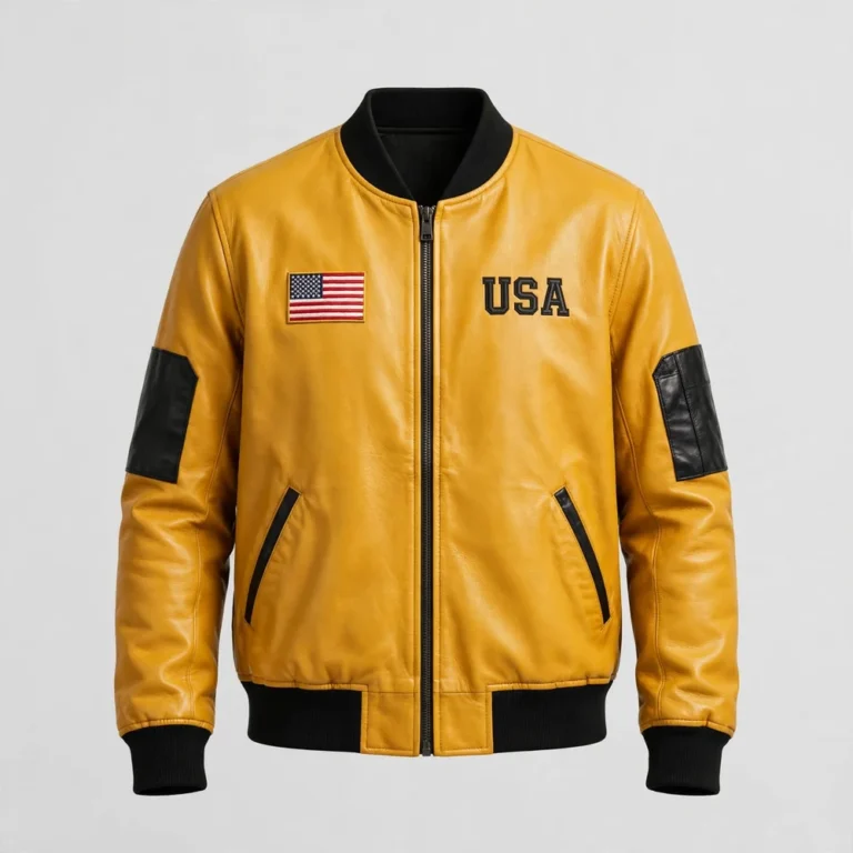 USA Yellow Men's Bomber Leather Jacket front view - mustard yellow bomber with USA flag on chest | Blackstone Jackets
