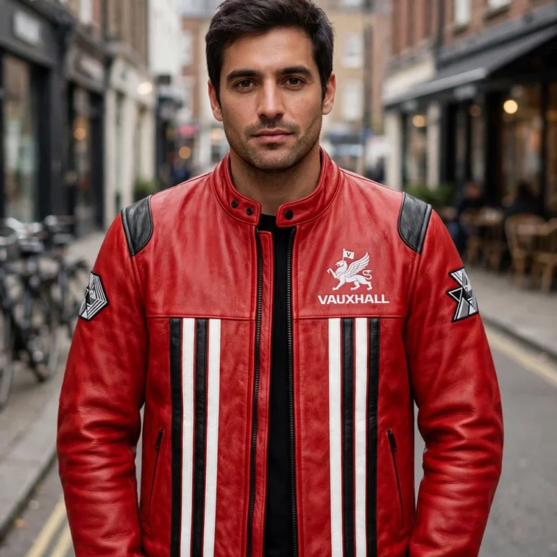 Man wearing the Vauxhall Leather Jacket outdoors, front-facing, showing the racing jacket and chest embroidery