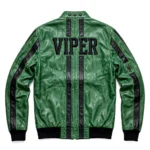 Viper Leather Jacket back view, venom green with black racing stripes racer jacket