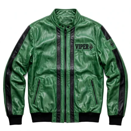 Viper Leather Jacket front view, venom green with black racing stripes racer jacket